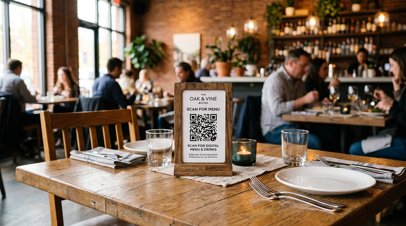 QR code menu stand on a restaurant table in a busy bistro setting