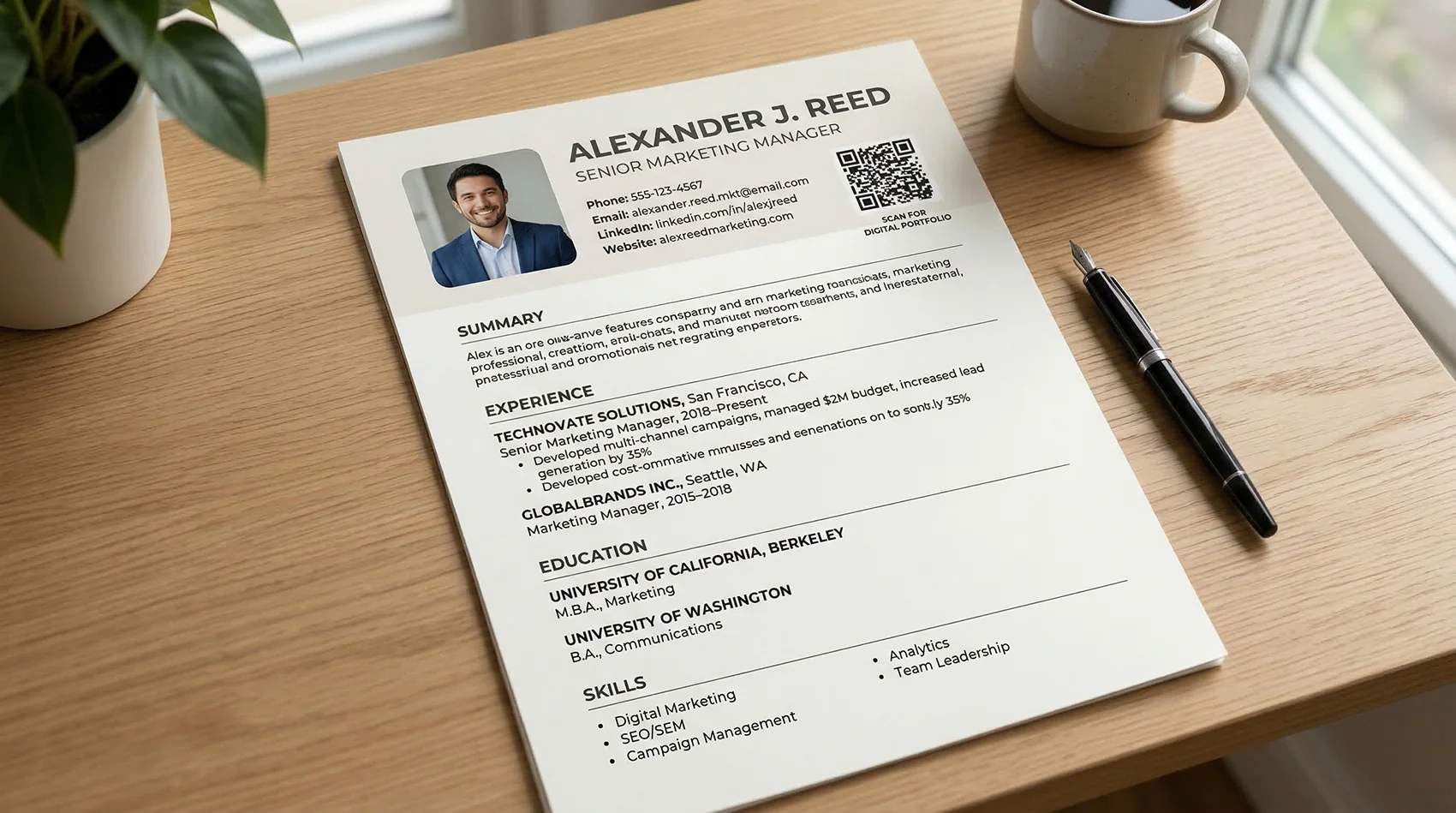Close-up of a professional resume on a desk with a QR code in the header section next to contact information linking to a digital portfolio