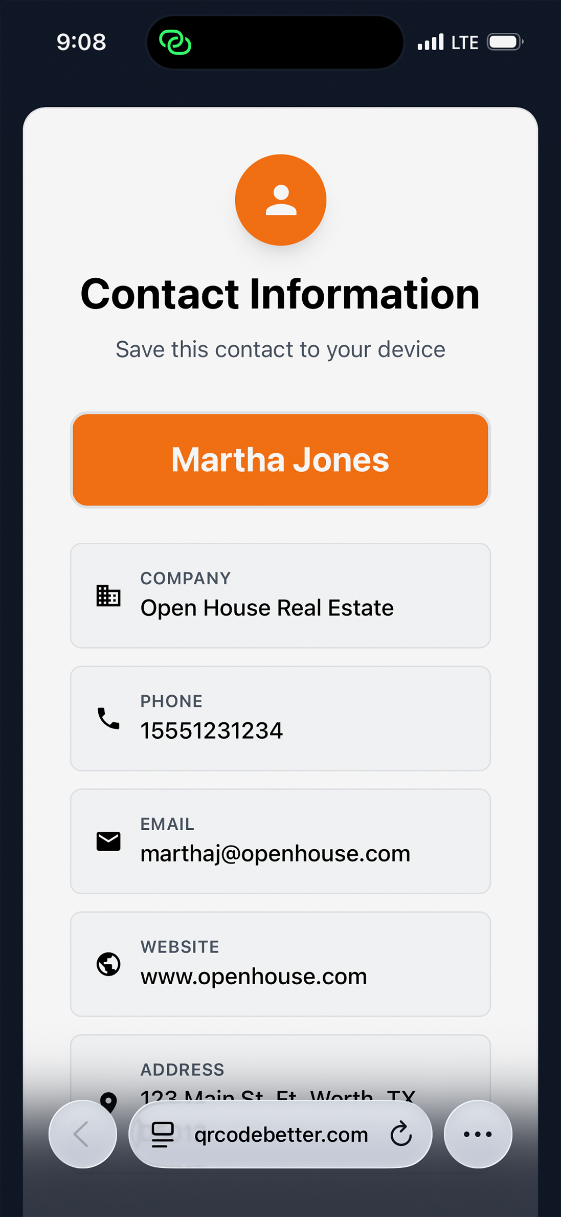 iPhone screen showing QR Code Better vCard contact card with name, company, phone, email, website, address and Save to Contacts button
