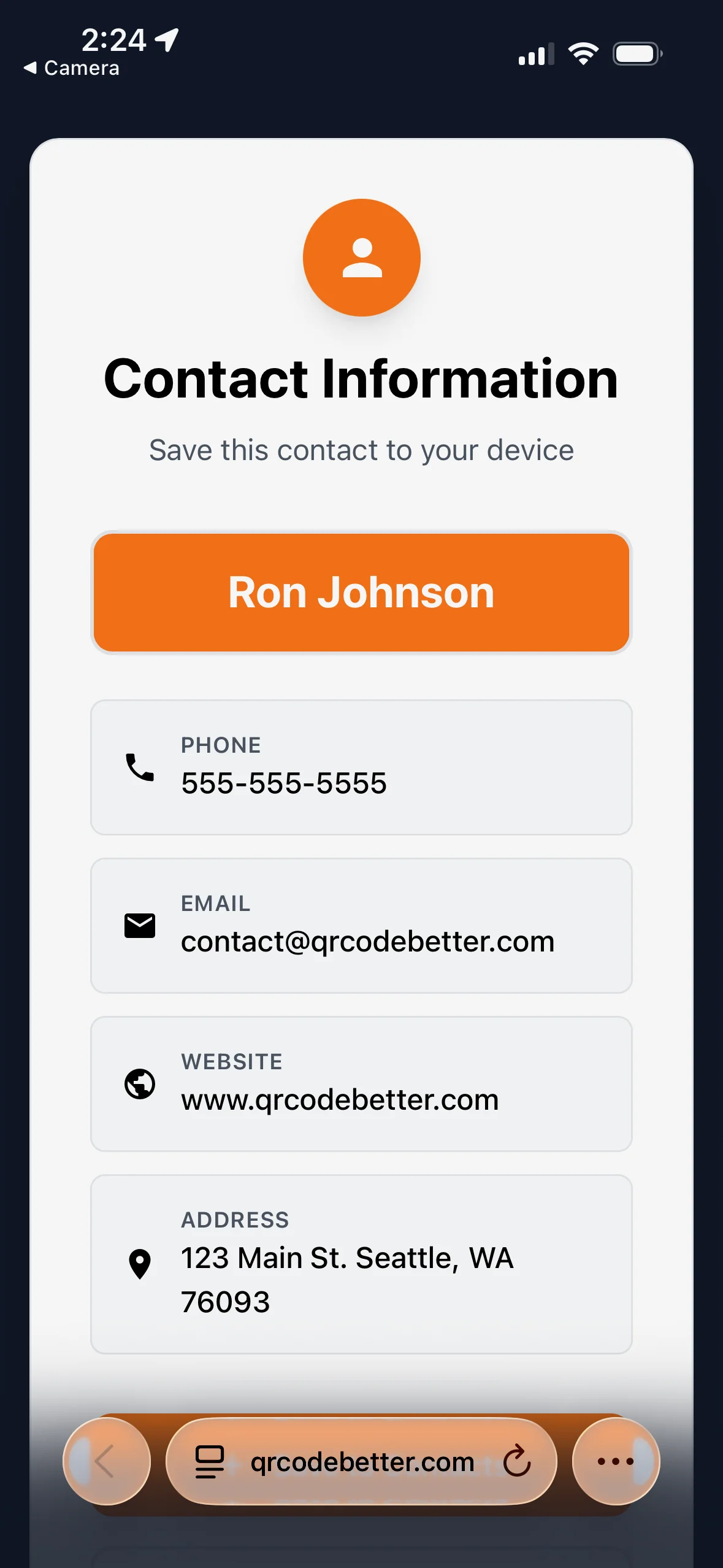 Contact info screen after scan