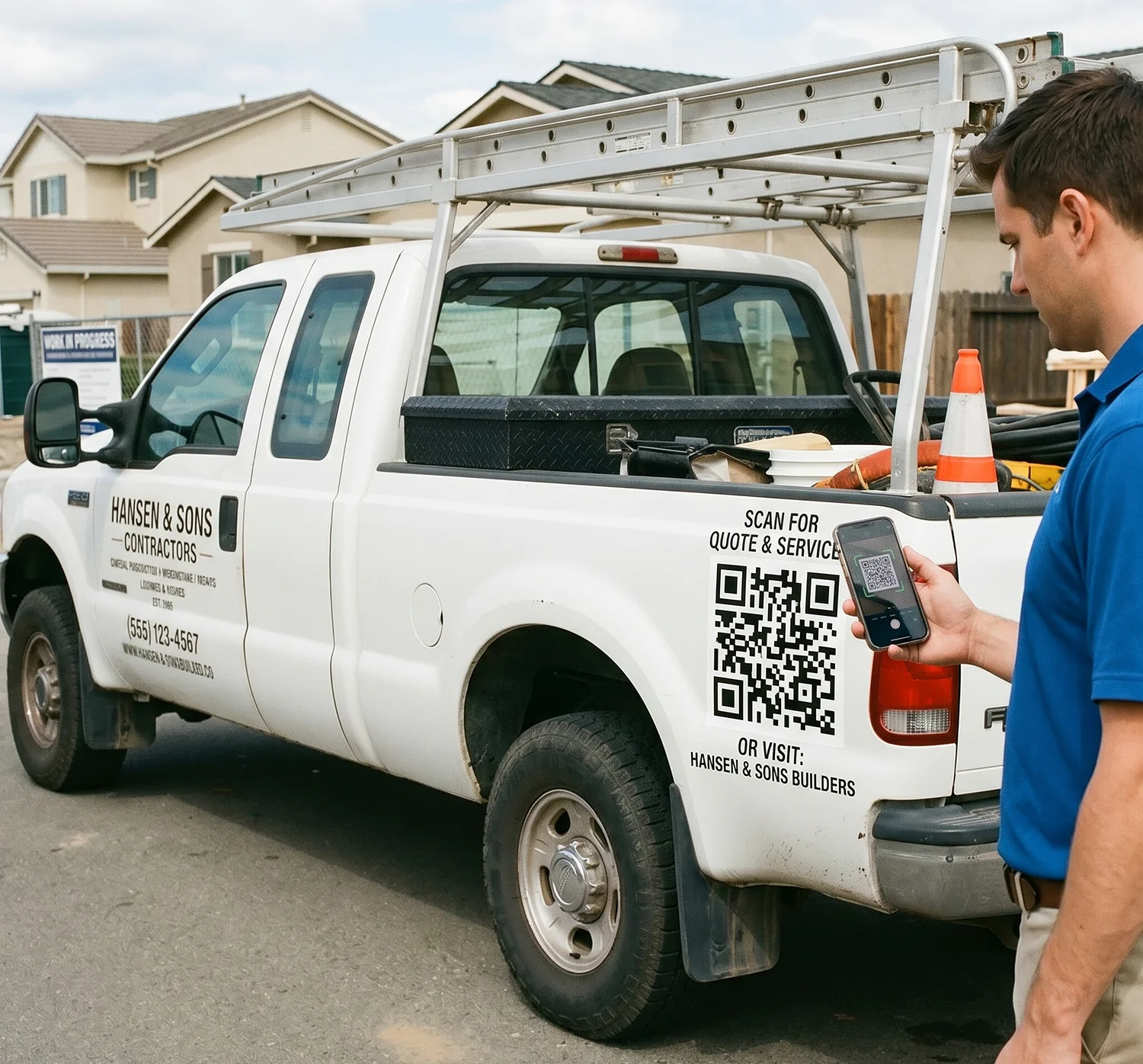 Person scanning a QR code on a contractor's work truck with their phone