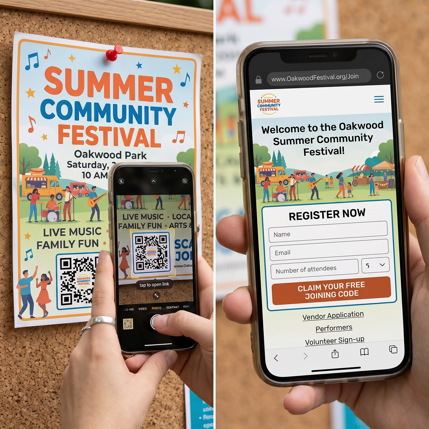 Person scanning a QR code on a community event flyer pinned to a bulletin board, with the registration page loading on their phone
