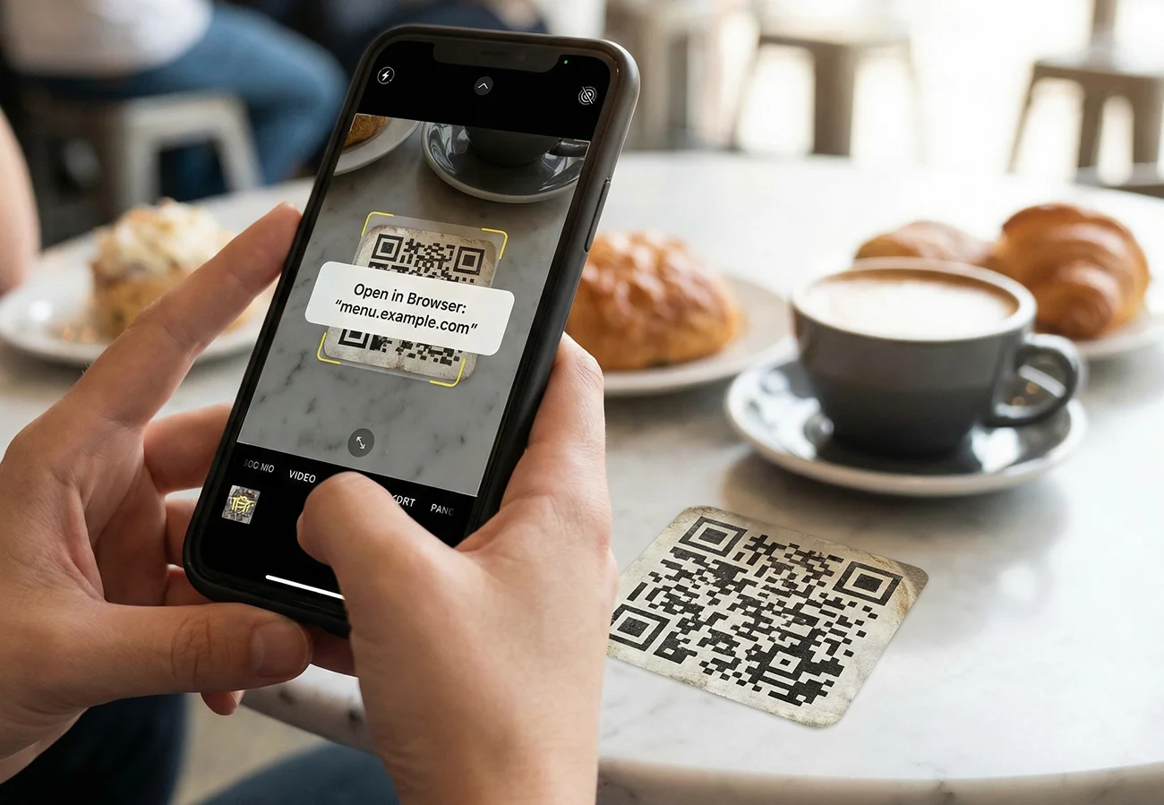 Person scanning a QR code on a table with their smartphone camera at a cafe