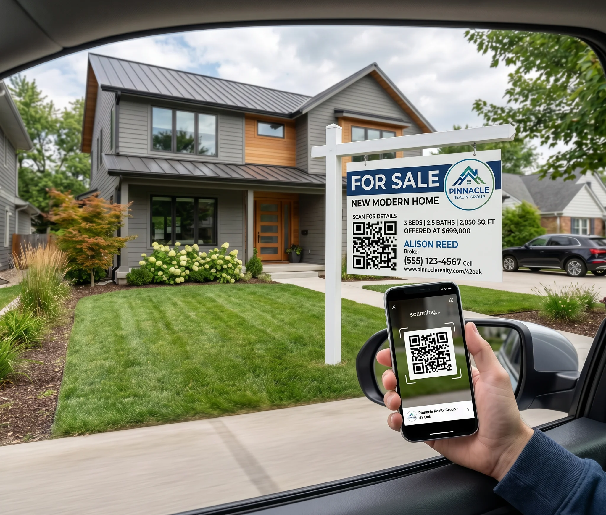 Person scanning a QR code on a real estate yard sign from their car