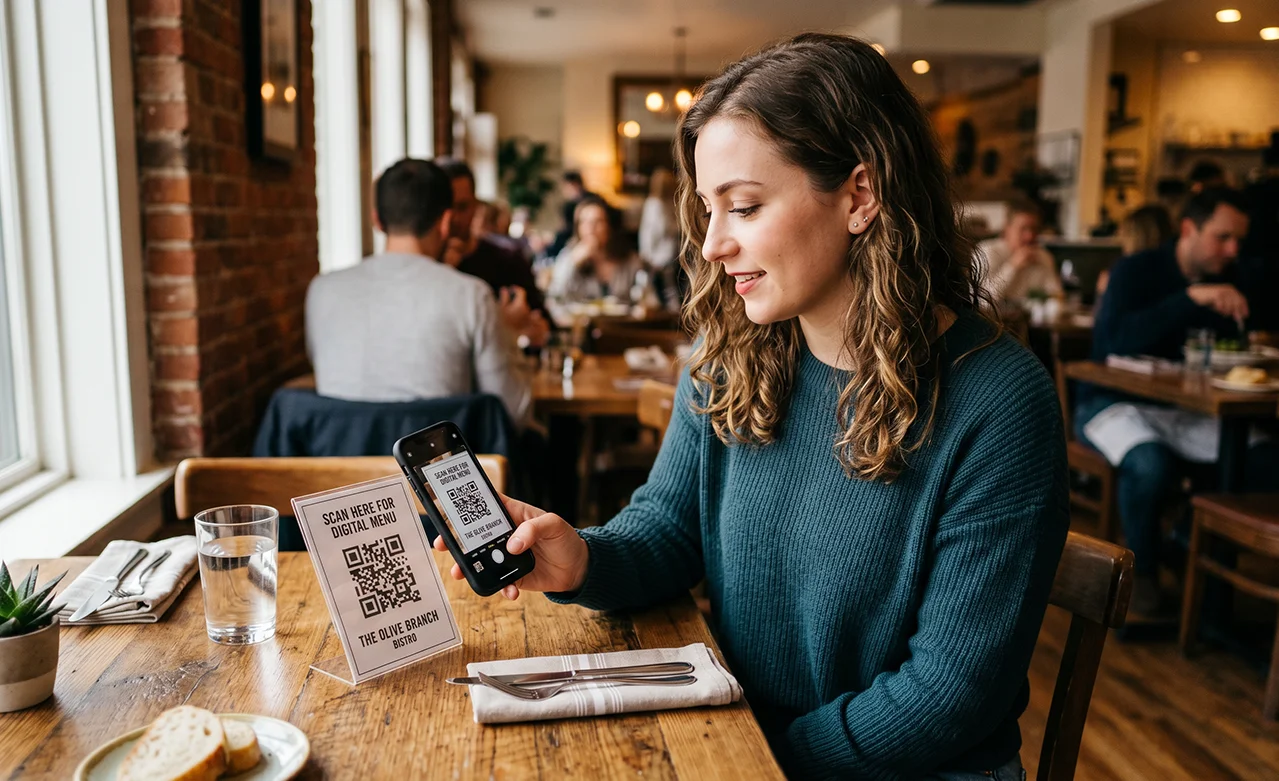 Customer scanning a QR code menu at a restaurant table with her phone
