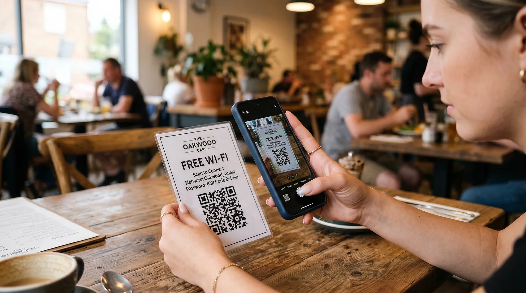 Customer in a café scanning a WiFi QR code table tent sign with their smartphone to connect to the guest network