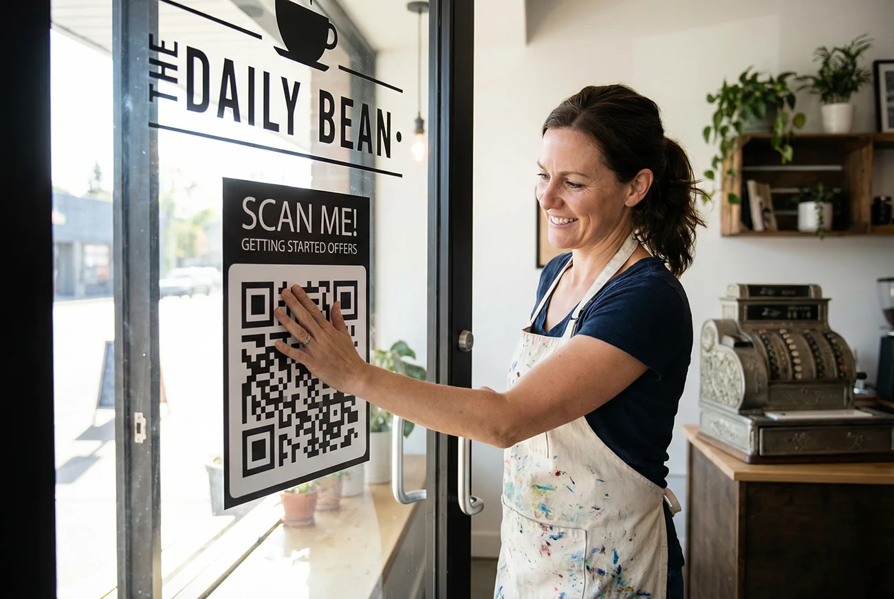 Small business owner placing a QR code sign on a shop window with a scan me call to action for getting started offers