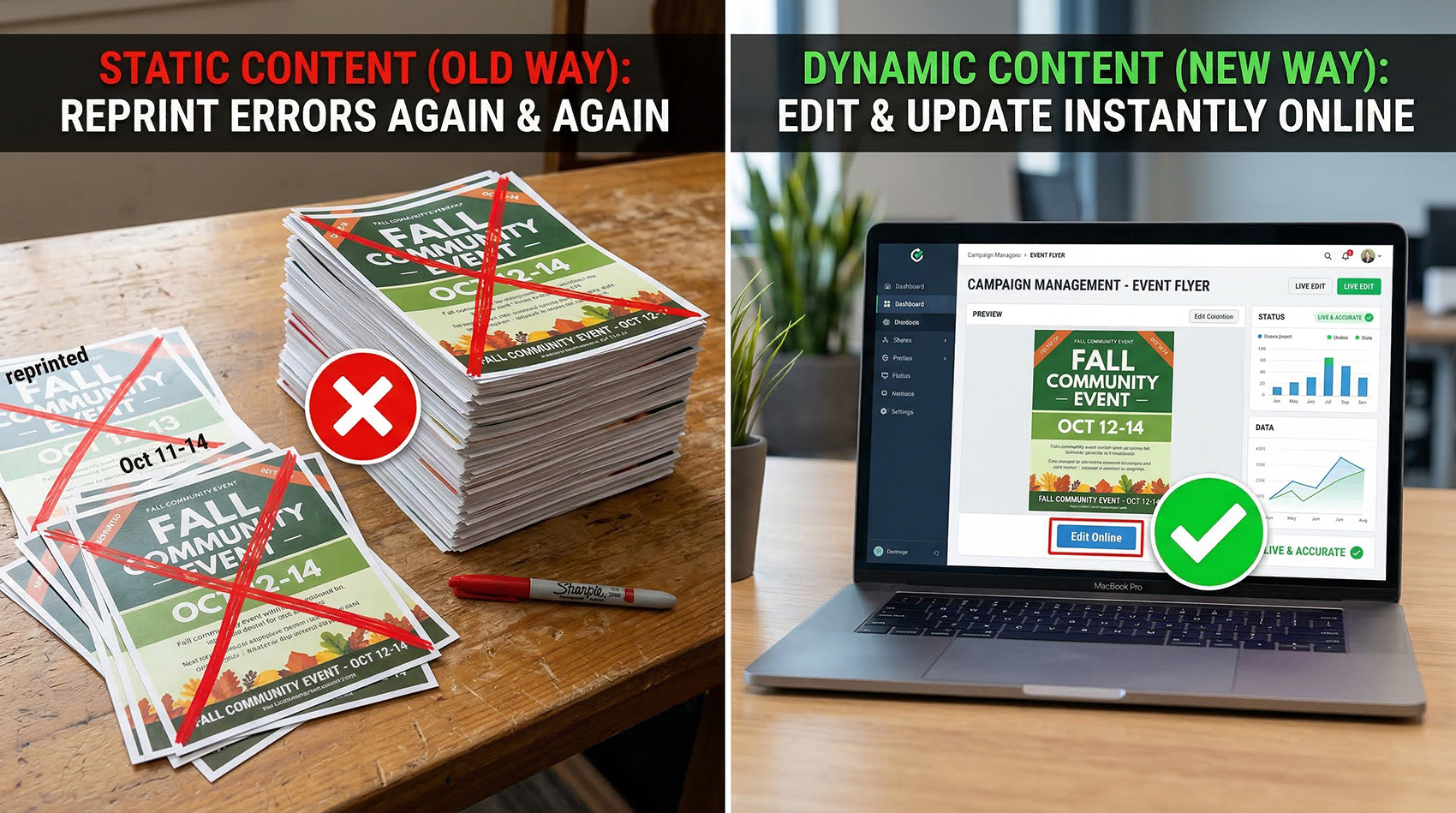 Side by side comparison showing static QR codes requiring expensive reprints versus dynamic QR codes that can be edited instantly online