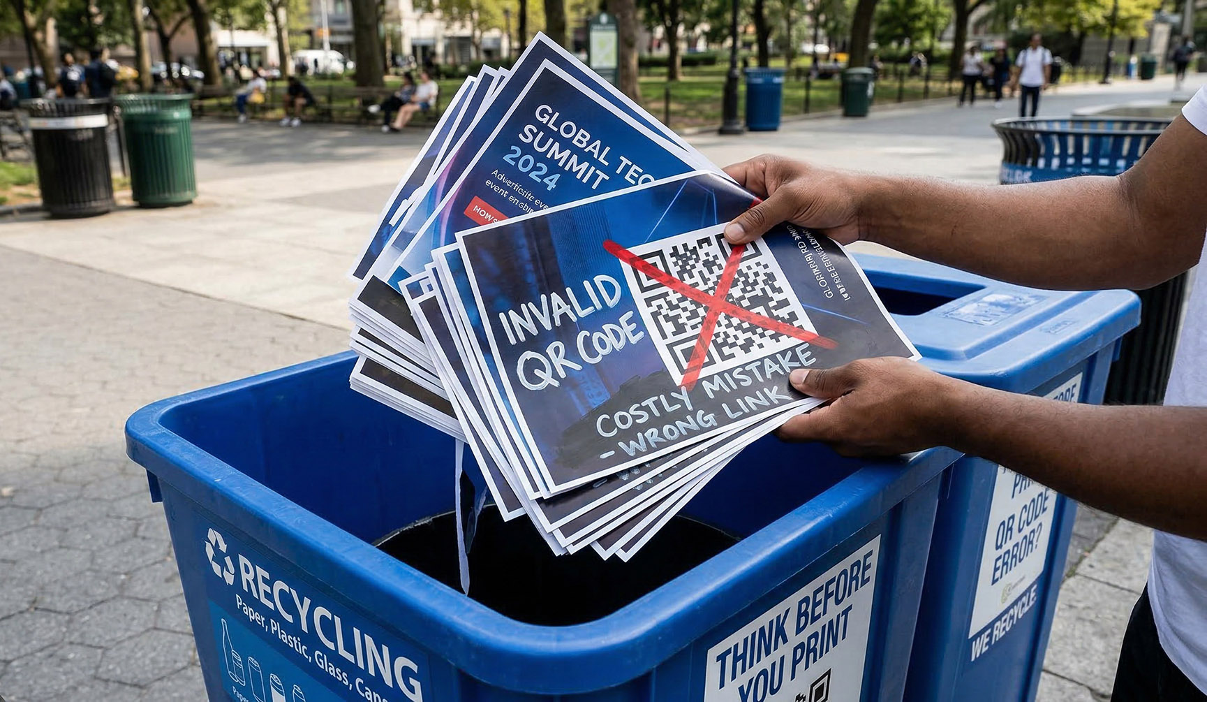Printed flyers with invalid QR codes being thrown in a recycling bin