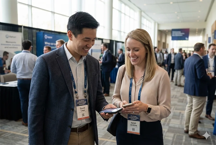 Two professionals exchanging contact information at a networking event using smartphones