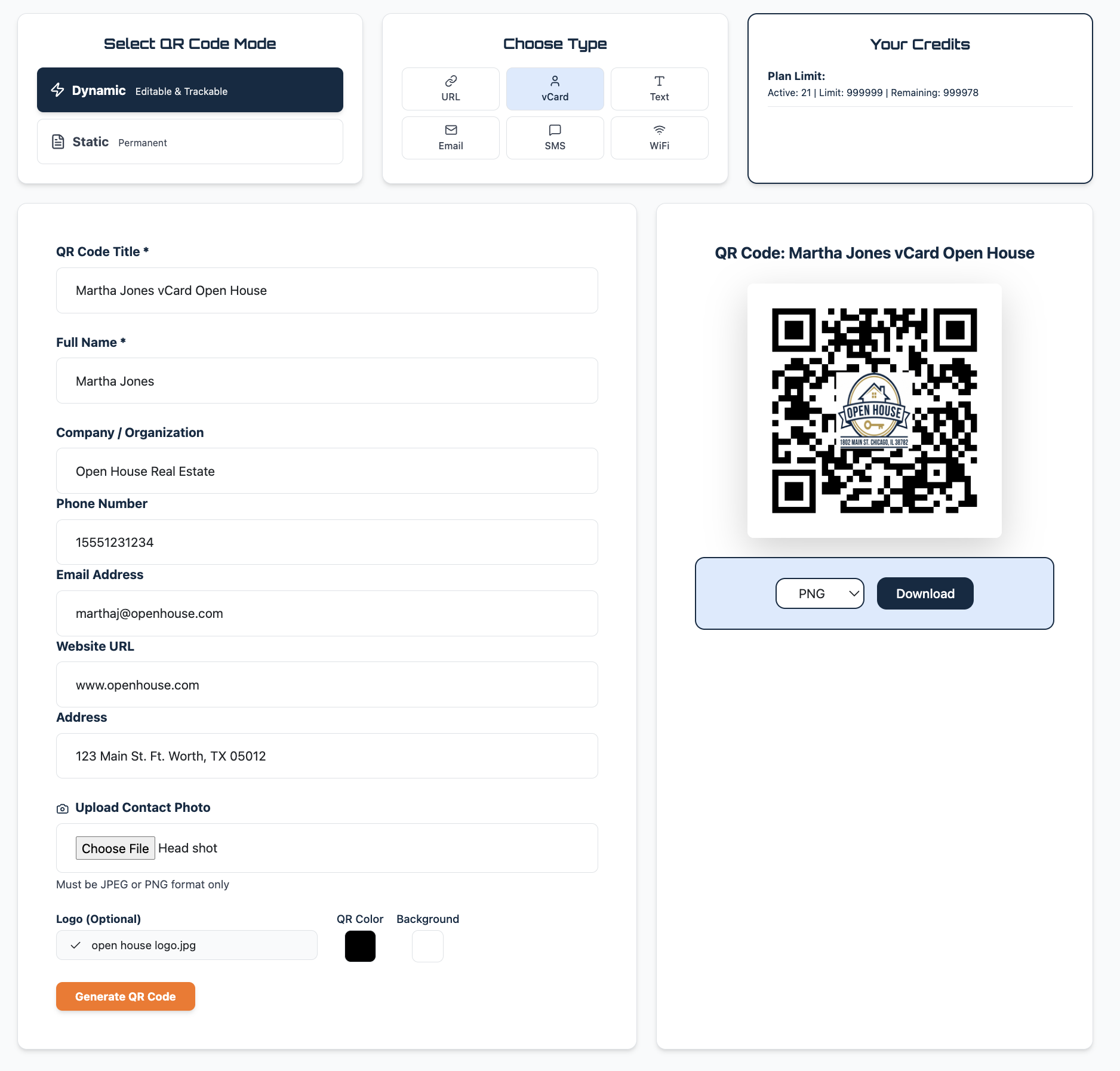 QR Code Better vCard creation form showing name, company, phone, email, website, address fields with generated QR code and logo