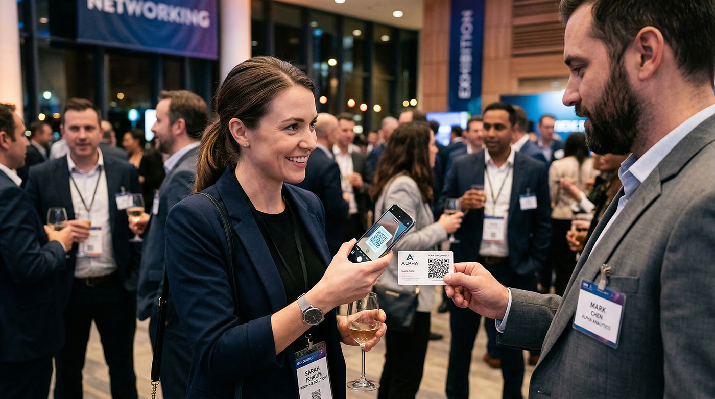 Professional scanning a vCard QR code on a business card at a networking event to instantly save contact information