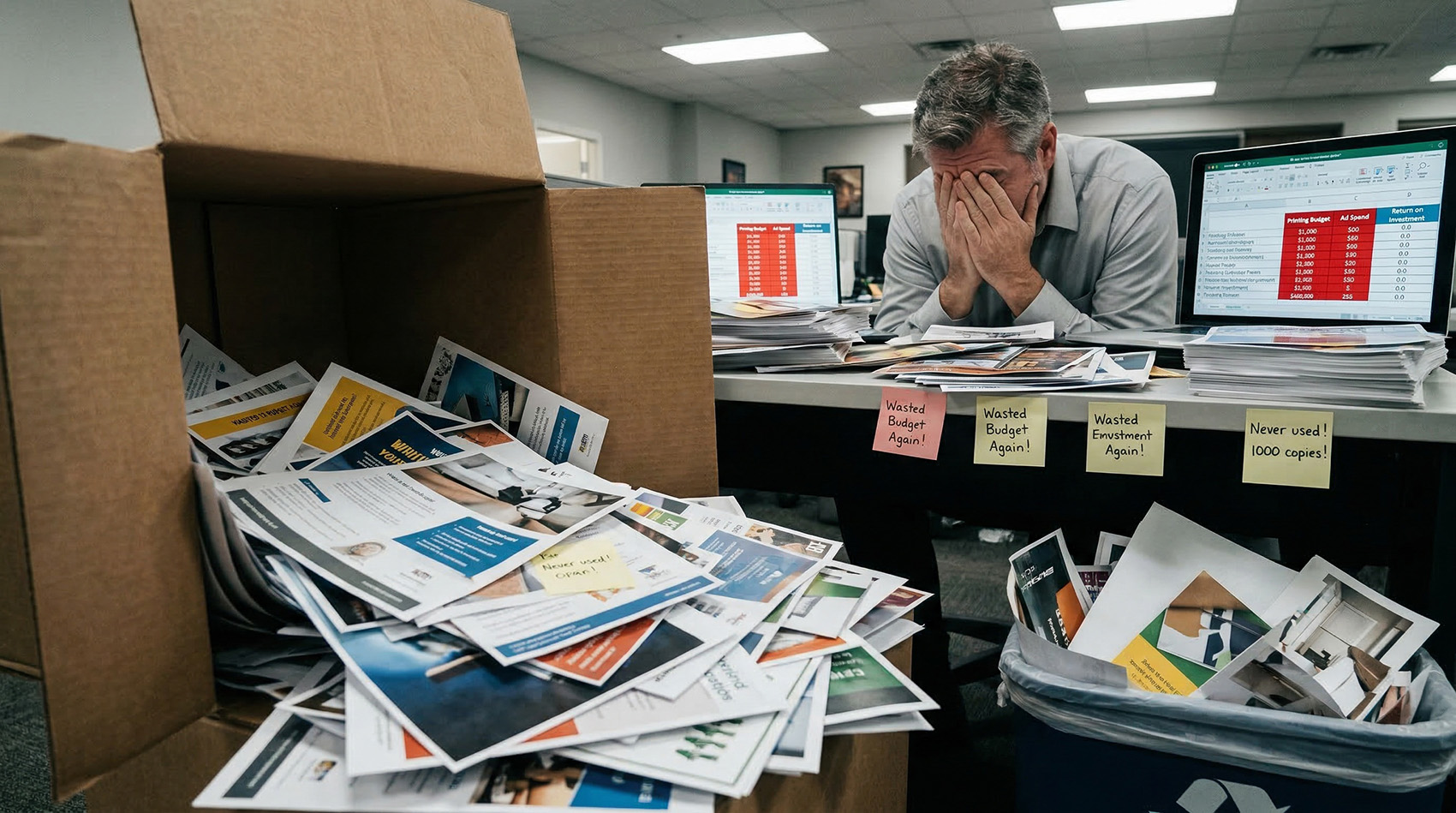 Frustrated business owner surrounded by wasted printed advertising materials