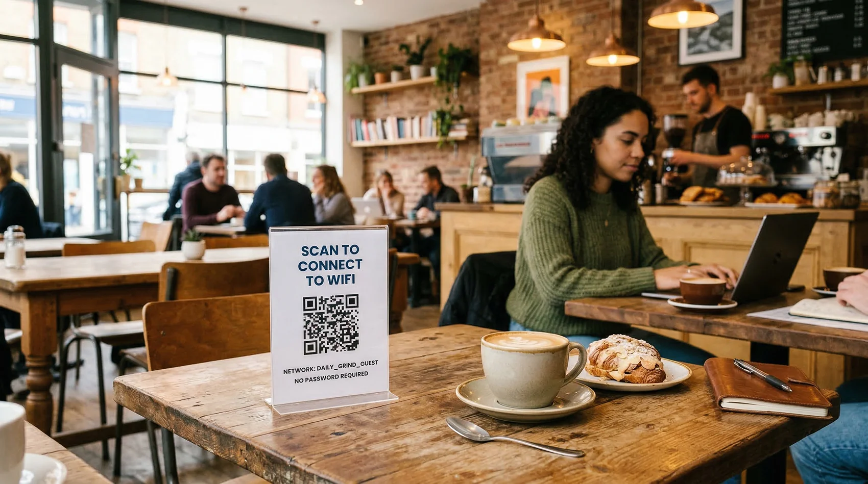 Café table with a scan to connect to WiFi QR code sign next to a coffee cup and pastry with customers working in the background