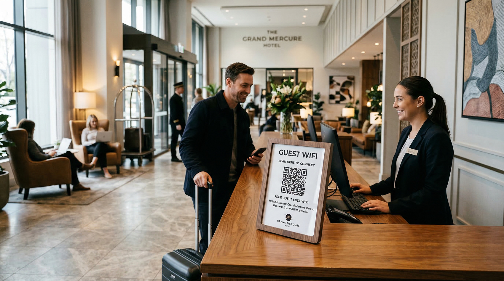 Hotel lobby front desk with a framed guest WiFi QR code sign allowing travelers to scan and connect instantly