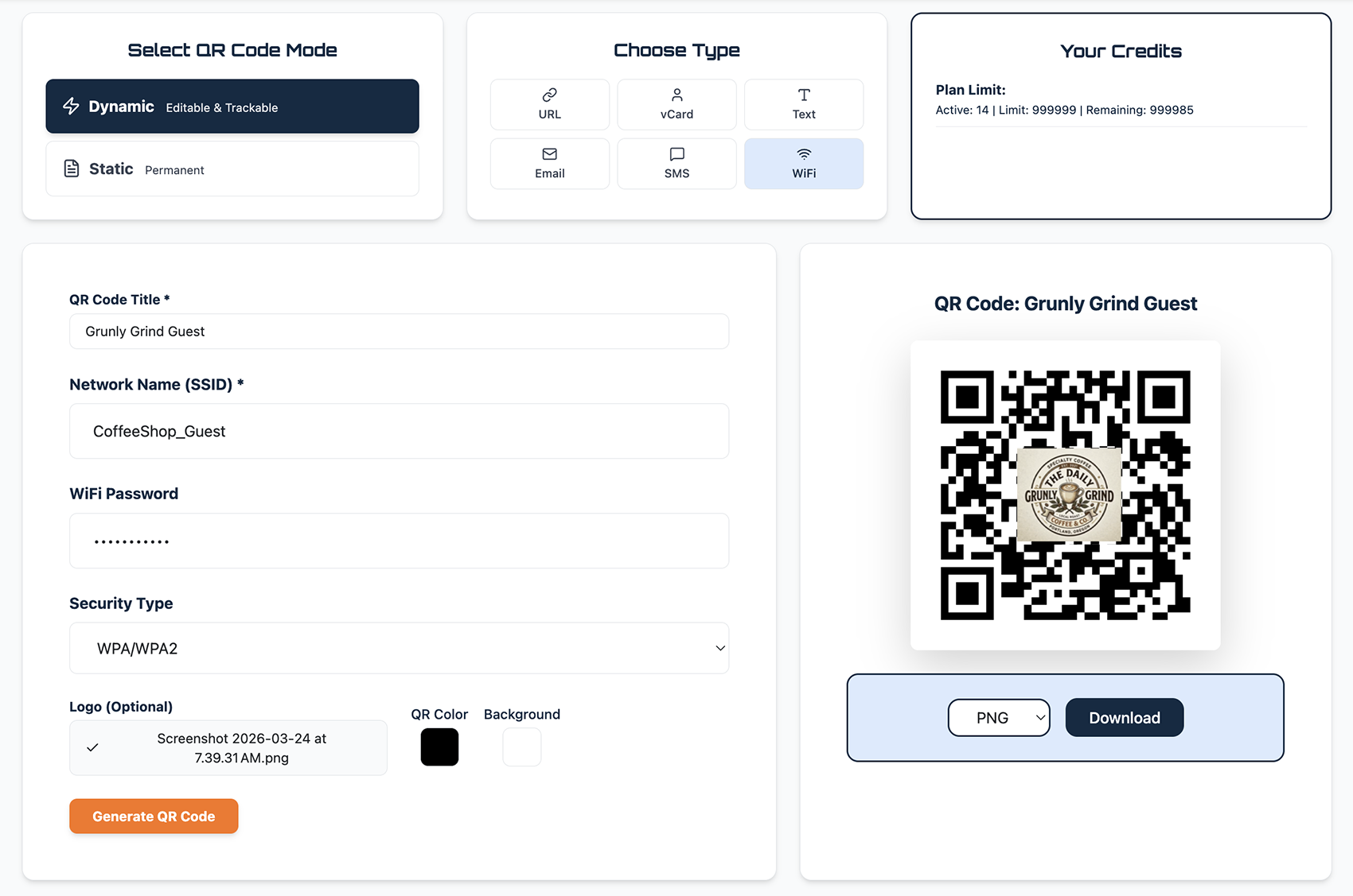 QR Code Better WiFi QR code generator showing network name, password, security type fields with a generated QR code and logo