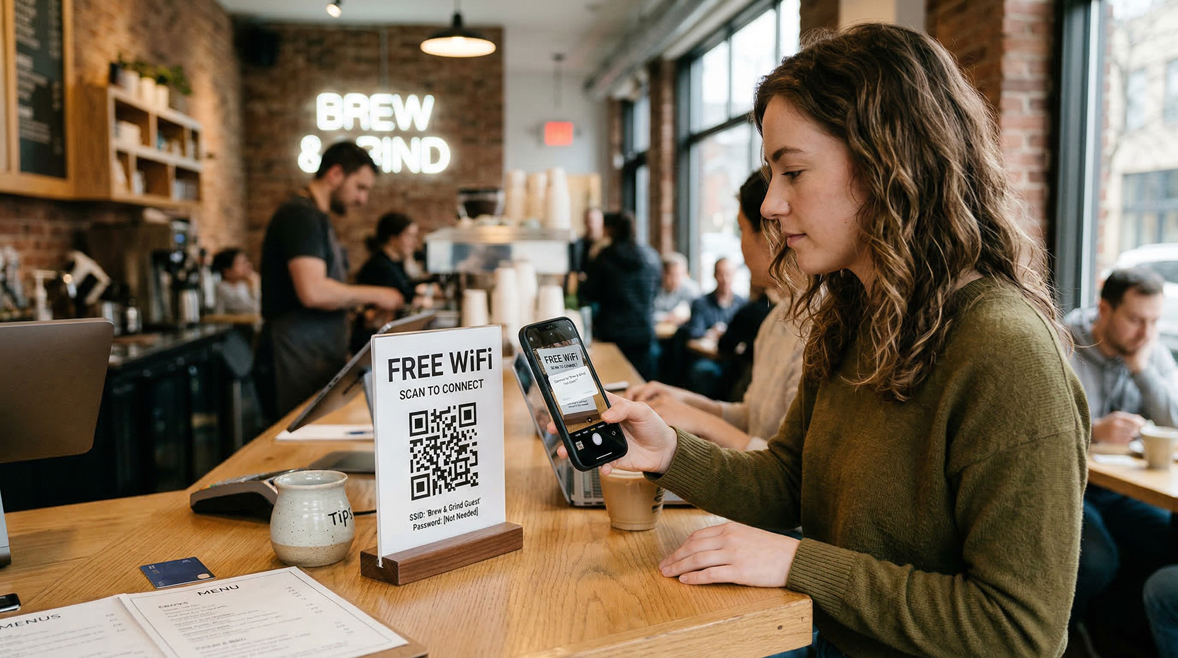 Customer at a café scanning a free WiFi QR code sign with her phone to connect to the guest network instantly