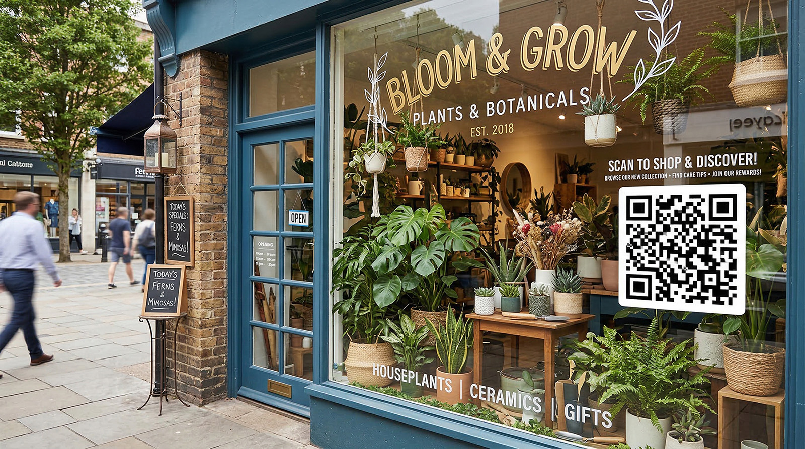 Retail storefront window with a QR code inviting customers to shop and discover