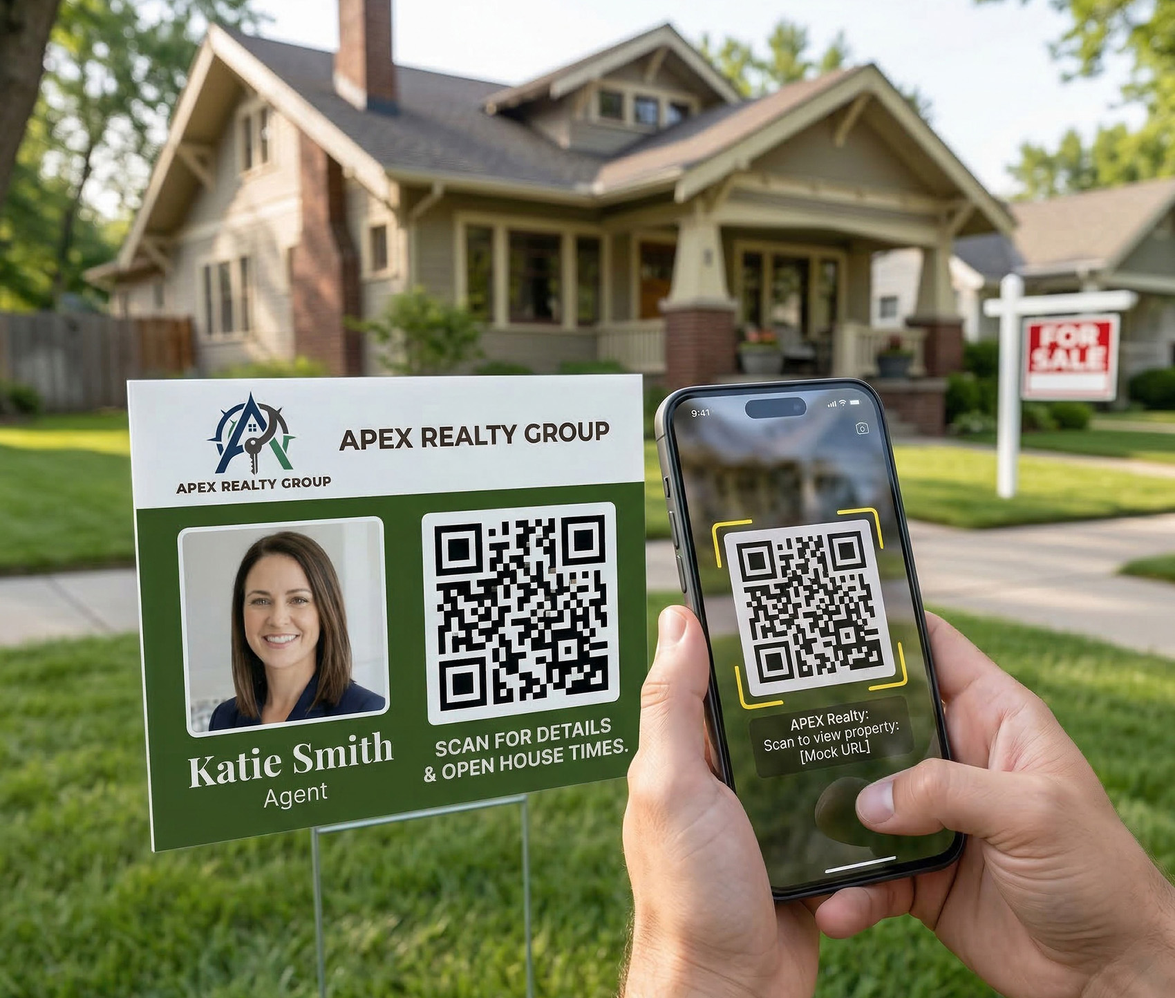 Real estate yard sign with a QR code being scanned by a phone
